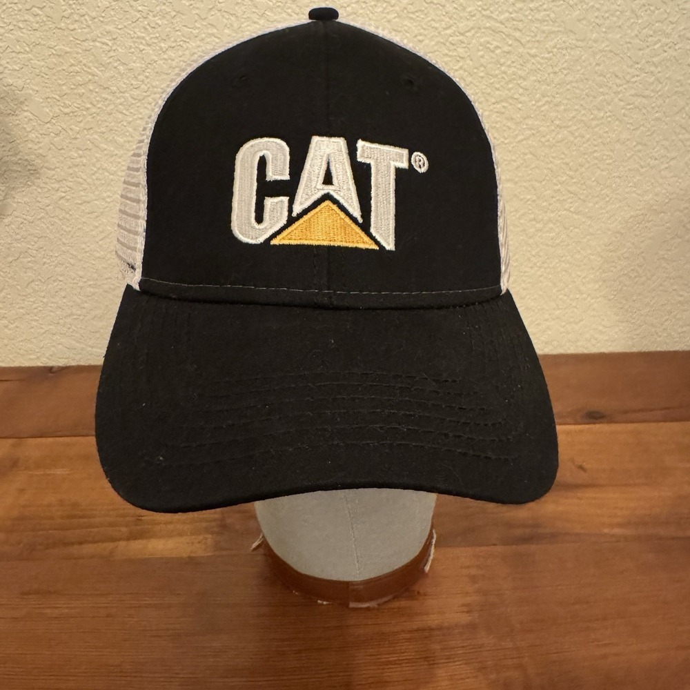 Caterpillar Cat Trucker Hat Mens One‎ Size Adjustable Black White  Mesh Back